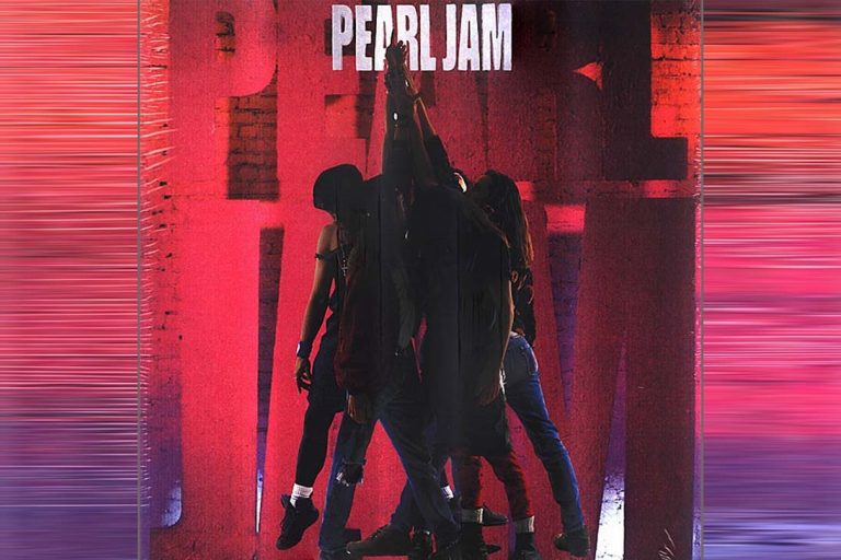 Capa do álbum Ten da banda Pearl Jam, com fundo roxo e os integrantes estendendo os braços unidos no centro da imagem.