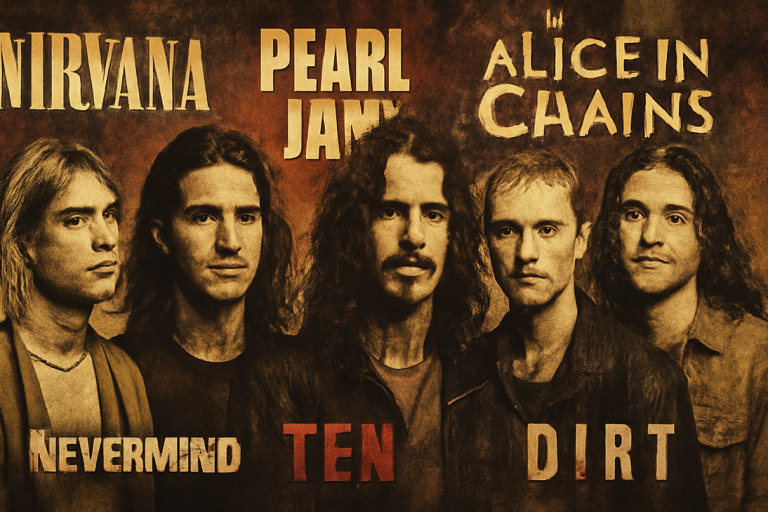 Collage em estilo grunge dos anos 90 com as bandas mais influentes, destacando os 10 álbuns mais importantes do grunge, como "Nevermind", "Ten" e "Dirt".