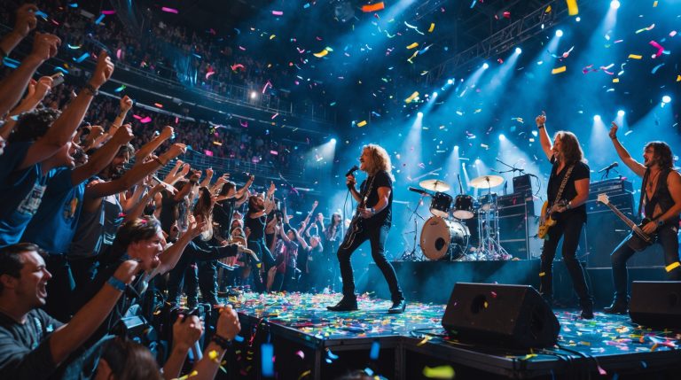 Banda de rock se apresentando ao vivo em um palco iluminado, com plateia animada e confetes coloridos no ar.