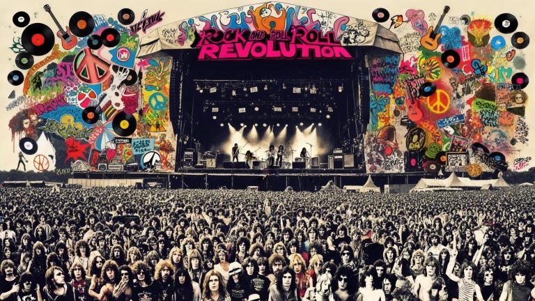 Grande festival ao ar livre representa a história cultural do rock com grafites, multidão e palco, destacando o impacto sociocultural e artístico do gênero ao longo das décadas.