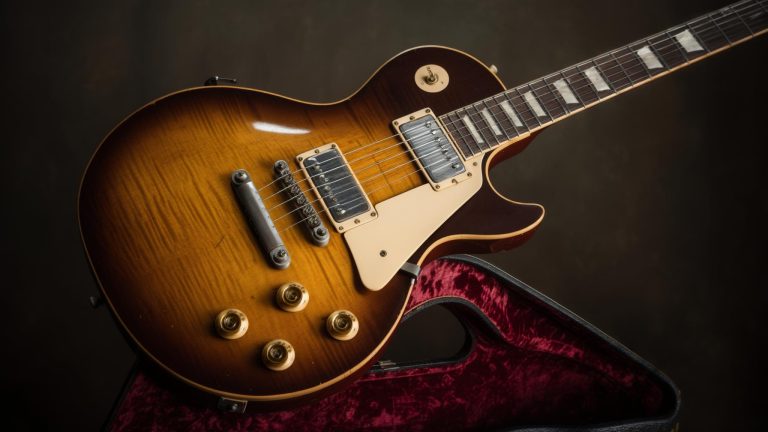 Guitarra Gibson Les Paul modelo Sunburst, com acabamento em verniz brilhante, dois captadores humbucker e escudo creme, posicionada sobre estojo aberto com forro aveludado vermelho.
