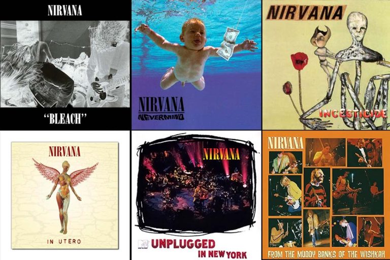 Montagem com capas dos álbuns do Nirvana, incluindo Bleach, Nevermind, In Utero, MTV Unplugged e outros lançamentos da discografia da banda.