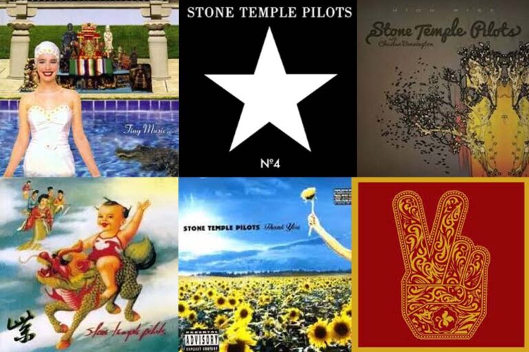 Discografia do Stone Temple Pilots com seis capas de álbuns, incluindo Tiny Music, Nº4, com Chester Bennington, Core, Thank You e o álbum com símbolo da paz.