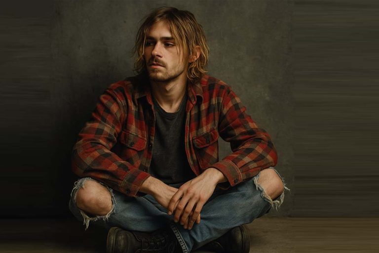 Pessoa jovem usando camisa xadrez e camiseta preta, em estilo grunge, sentada em frente a um muro pichado.