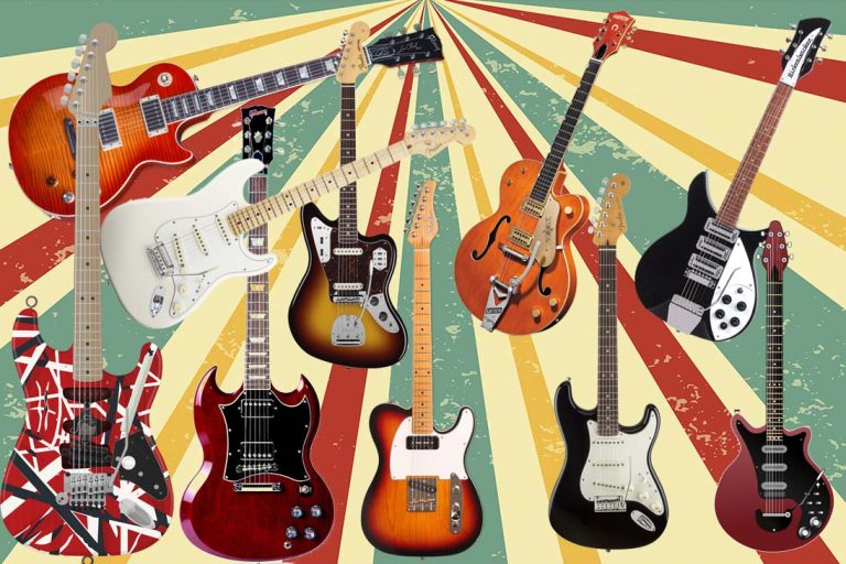 Imagem artística com dez guitarras icônicas, incluindo Fender Stratocaster branca e preta, Gibson Les Paul Standard, Telecaster, Red Special, Frankenstrat, Rickenbacker 325, Gibson SG, Gibson ES-335 e Fender Jaguar, em fundo vibrante.