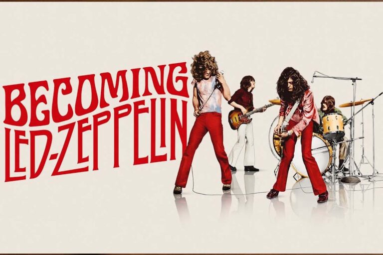 Pôster do documentário Becoming Led Zeppelin, com os quatro integrantes da banda em pose clássica.