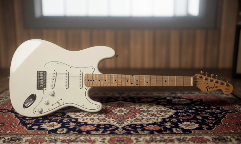Guitarra Fender Stratocaster branca, com escudo branco e braço em maple, apoiada em um suporte sobre piso de madeira.