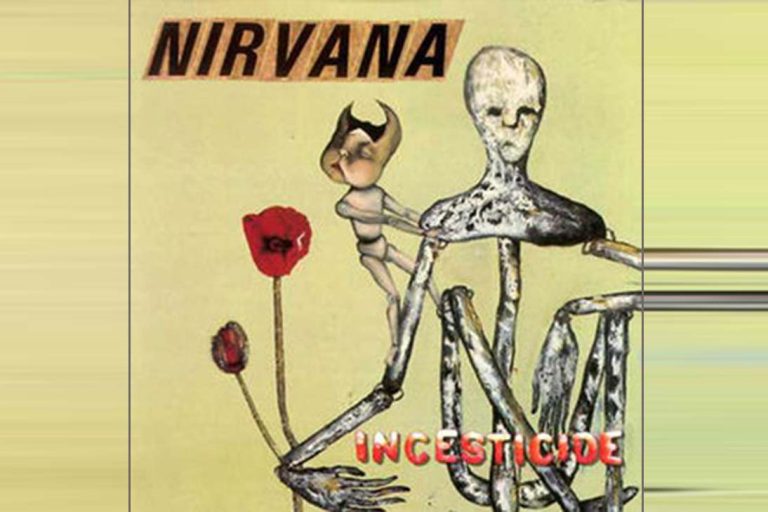 Capa do álbum Incesticide, do Nirvana, com arte surrealista de Kurt Cobain mostrando uma figura humana pálida com flores vermelhas e uma criatura insetoide ao lado.