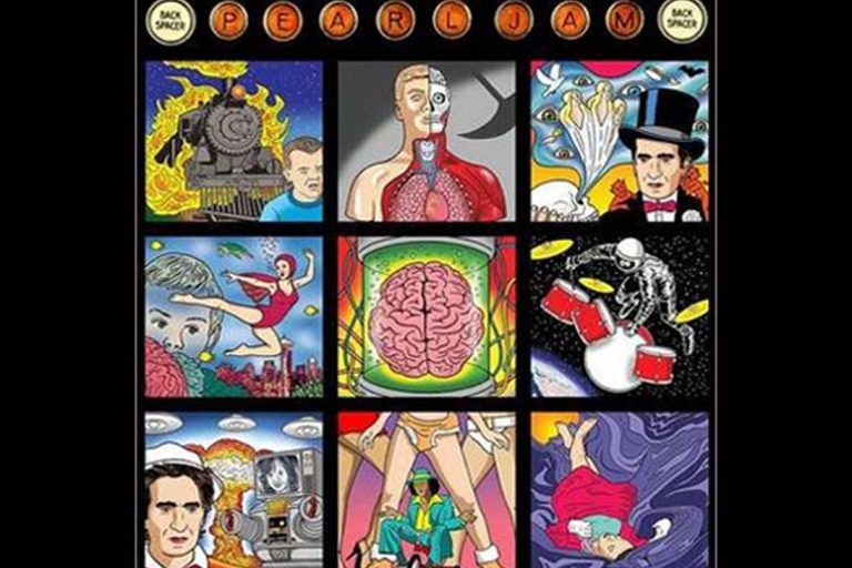Capa do álbum Backspacer do Pearl Jam, com ilustrações coloridas e estilo retrô.