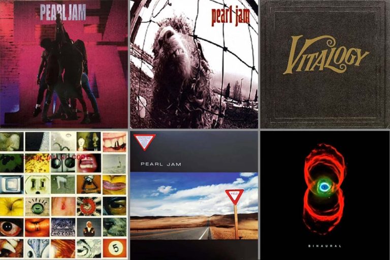 "Capa dos seis primeiros álbuns do Pearl Jam: Ten (1991), Vs. (1993), Vitalogy (1994), No Code (1996), Yield (1998) e Binaural (2000) dispostos em linha sobre fundo preto"