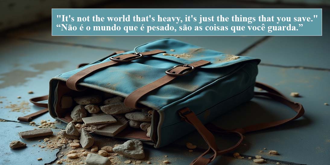 Mochila aberta no chão simboliza que não é o mundo que é pesado, e sim as coisas que você guarda.