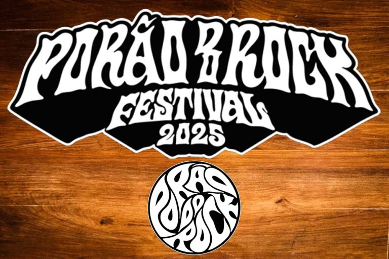 Logotipo do Porão do Rock Festival 2025 em estilo psicodélico sobre fundo de madeira
