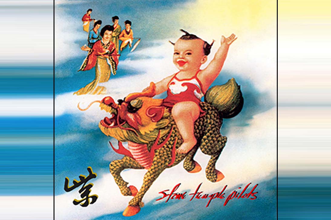 Capa do álbum Purple da banda Stone Temple Pilots, com ilustração de um bebê montado em um Qilin, criatura mítica chinesa, em fundo roxo psicodélico.