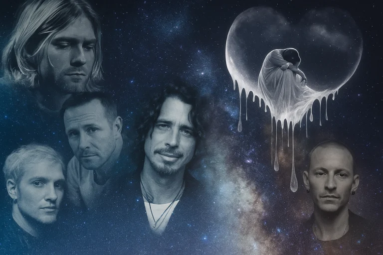 Montagem artística de cinco músicos do rock falecidos, representando a dor e os desafios da saúde mental no rock, com fundo cósmico e figura simbólica de luto em um coração derretendo.