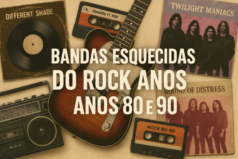 Imagem retrô com guitarra, fitas cassete, vinis e fotos de bandas fictícias, com o texto, bandas esquecidas do rock dos anos 80 e 90.