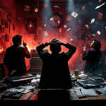 Arte conceitual representando tensão nos bastidores de discos que quase não foram lançados, com elementos visuais dramáticos e atmosfera sombria.