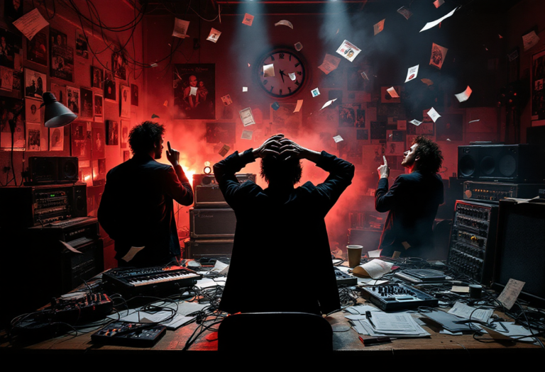 Arte conceitual representando tensão nos bastidores de discos que quase não foram lançados, com elementos visuais dramáticos e atmosfera sombria.