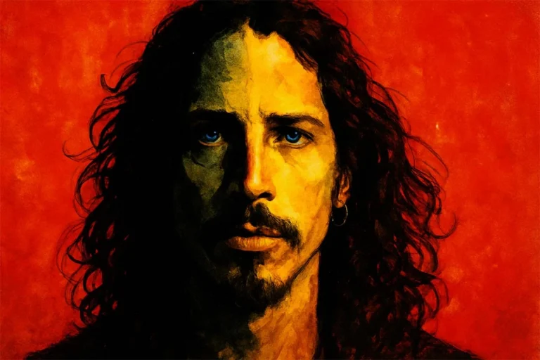 Ilustração artística com fundo vermelho mostrando um homem inspirado em Chris Cornell, com cabelos longos, olhos azuis marcantes e rosto em contraste de luz e sombra.