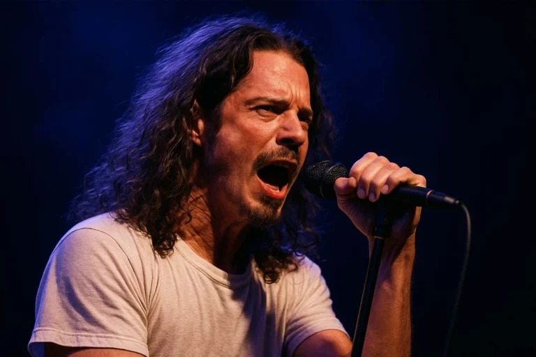Chris Cornell cantando ao vivo com expressão intensa, iluminado por luzes azuis e roxas em um fundo escuro.