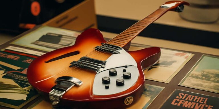 Guitarra Rickenbacker 360 semiacústica com acabamento em Fireglo, famosa pelo som brilhante no rock dos anos 60 e 70.