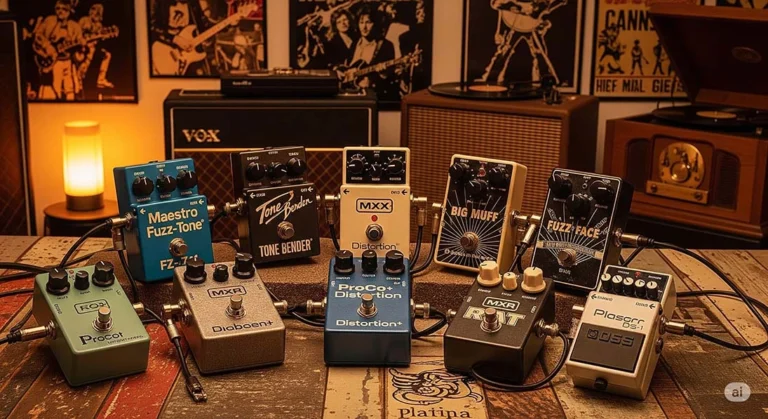 Os primeiros e mais influentes pedais de guitarra, incluindo modelos de fuzz, distorção e outros efeitos, dispostos sobre uma superfície de madeira vintage com um fundo retrô.