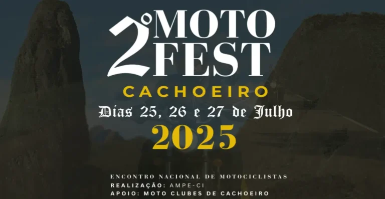 Cartaz oficial do Moto Fest Cachoeiro 2025 com programação completa, datas, bandas e informações do evento gratuito de motociclismo e rock em Cachoeiro de Itapemirim – ES.
