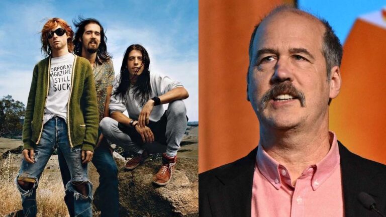 Krist Novoselic em montagem mostrando sua transformação: à esquerda com o Nirvana nos anos 90 e à direita atual como político.