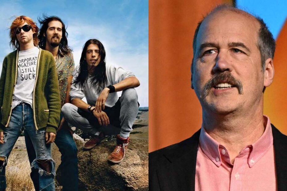 Krist Novoselic em montagem mostrando sua transformação: à esquerda com o Nirvana nos anos 90 e à direita atual como político.
