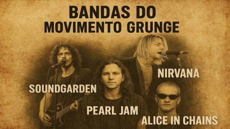 Poster retangular com imagens de Nirvana, Pearl Jam, Soundgarden e Alice in Chains, representando as principais bandas do movimento grunge, em estilo vintage com fundo envelhecido em tons terrosos.