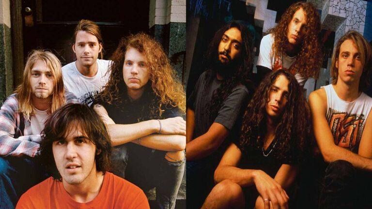Jason Everman em fotos promocionais com Nirvana e Soundgarden durante sua carreira musical nos anos 90.