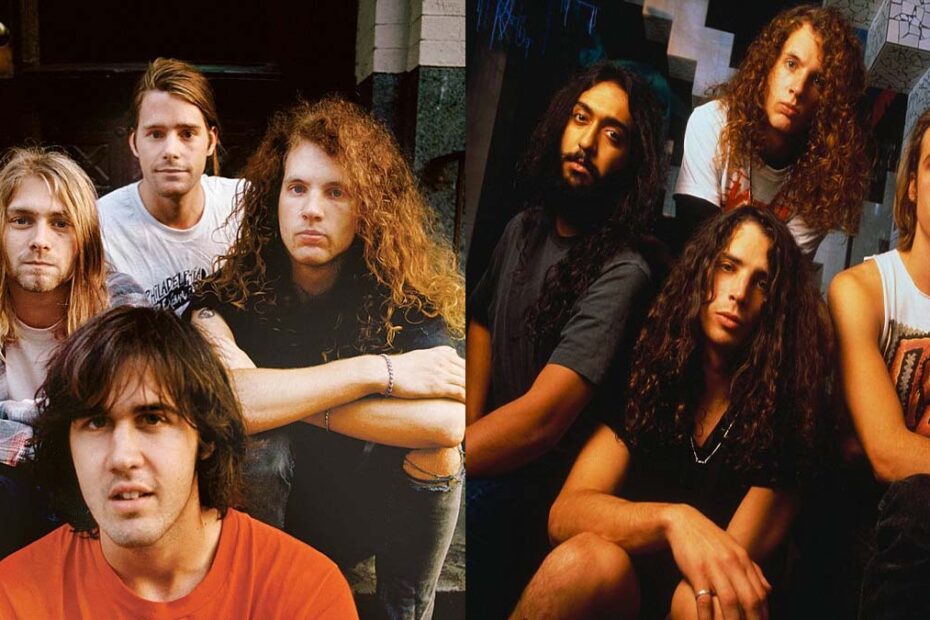 Jason Everman em fotos promocionais com Nirvana e Soundgarden durante sua carreira musical nos anos 90.