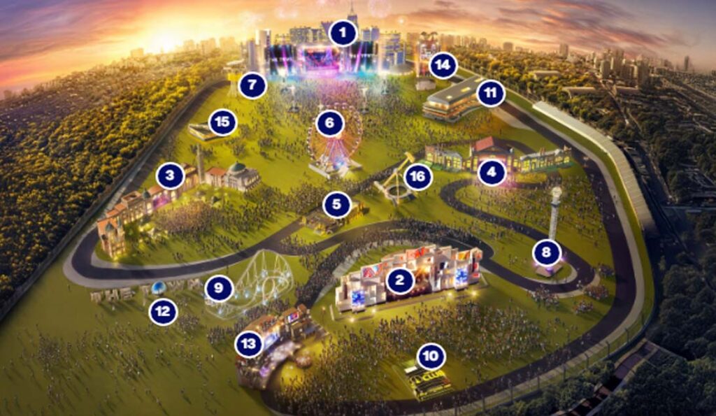 Mapa ilustrado do The Town 2025 com destaque para palcos, roda-gigante, brinquedos, áreas temáticas e gastronômicas na Cidade da Música, em Interlagos, São Paulo.