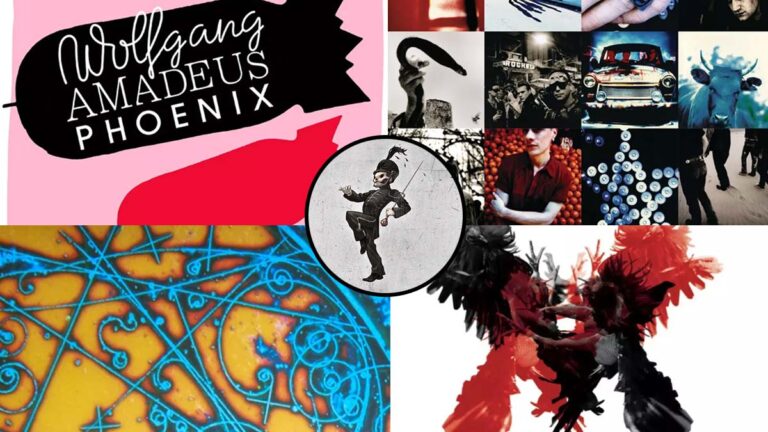 Montagem com capas dos álbuns Achtung Baby do U2, Wolfgang Amadeus Phoenix do Phoenix, Only by the Night do Kings of Leon, The Black Parade do My Chemical Romance e Is This It do The Strokes.