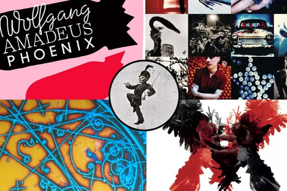 Montagem com capas dos álbuns Achtung Baby do U2, Wolfgang Amadeus Phoenix do Phoenix, Only by the Night do Kings of Leon, The Black Parade do My Chemical Romance e Is This It do The Strokes.