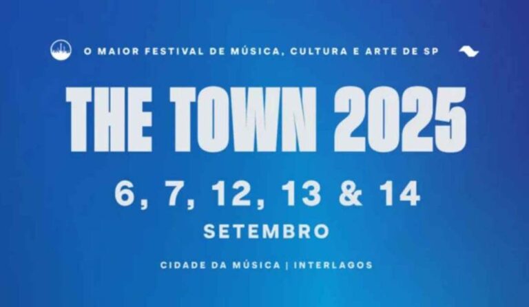 Imagem com fundo azul do cartaz oficial do The Town 2025, destacando as datas do festival: 6, 7, 12, 13 e 14 de setembro, em Interlagos, São Paulo.