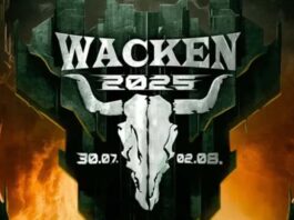 Logo oficial do Wacken Open Air 2025 com caveira de boi estilizada e datas do festival 30.07 a 02.08 em fundo flamejante