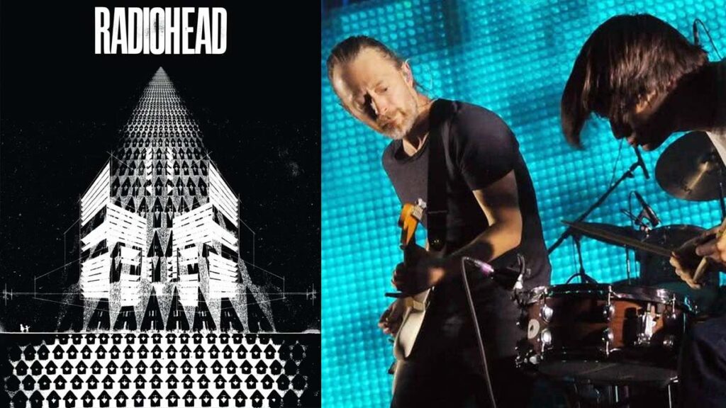 Montagem com cartaz artístico do Radiohead e membros da banda tocando ao vivo, destacando a energia e a atmosfera da radiohead turne 2025.