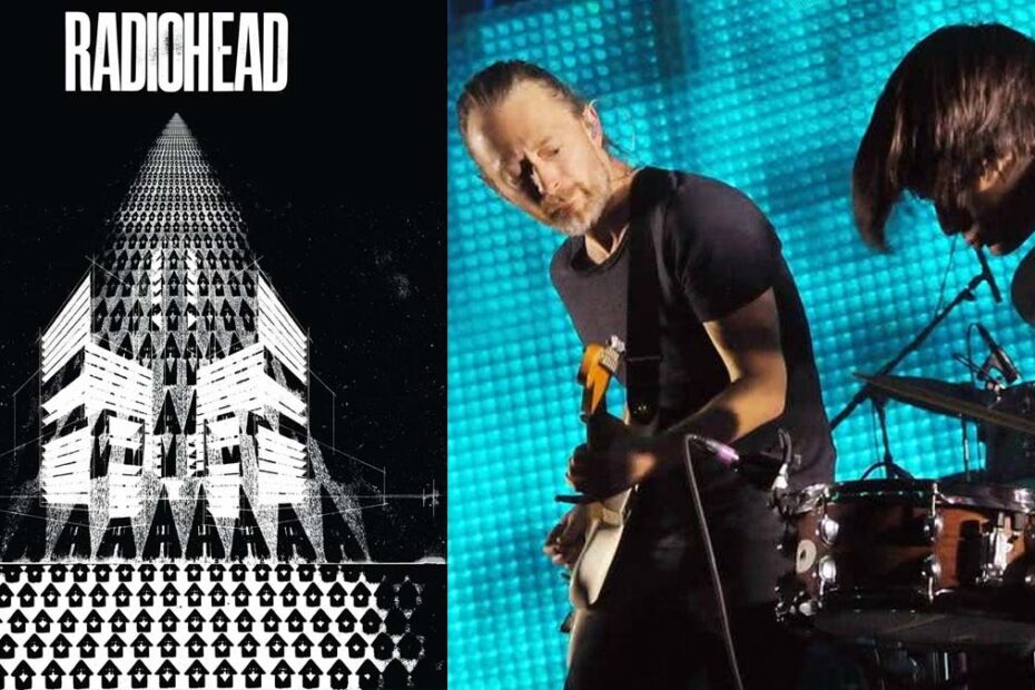 Montagem com cartaz artístico do Radiohead e membros da banda tocando ao vivo, destacando a energia e a atmosfera da radiohead turne 2025.