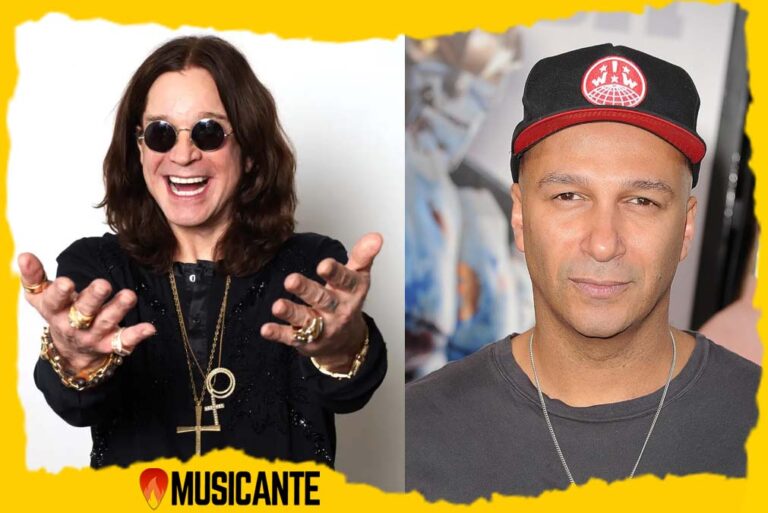 Tom Morello e Ozzy Osbourne em fotos de estúdio lado a lado mostrando os dois músicos que tiveram última conversa após show Back to the Beginning.