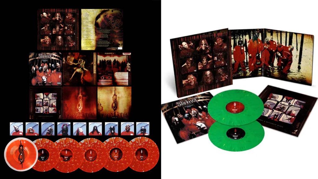 Montagem dos produtos Slipknot 25 anos mostrando 2 vinis e box set 6LP de aniversário com blood splatter.