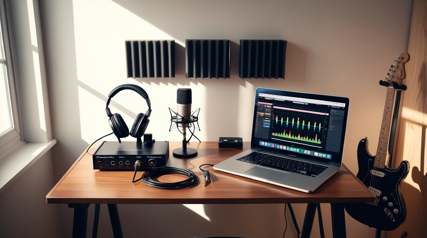 Home studio de rock simples e barato montado em mesa com interface de áudio, microfone, fone de ouvido, notebook e guitarra