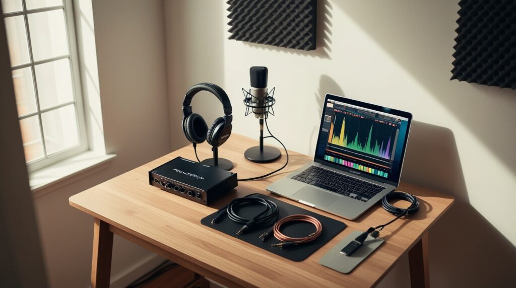 Estúdio caseiro para gravar rock com equipamentos básicos incluindo interface de áudio, microfone condensador e laptop com DAW
```

### **Título da Imagem:**
```
Setup Home Studio Rock Barato - Equipamentos Essenciais para Gravar em Casa
```

### **Legenda:**
```
Configuração completa de home studio acessível mostrando equipamentos necessários para produção musical de rock
```

### **Descrição (30 palavras):**
```
Home studio funcional com interface de áudio, microfone profissional, fones e laptop configurado para gravação. Demonstra como montar estúdio caseiro gastando pouco.