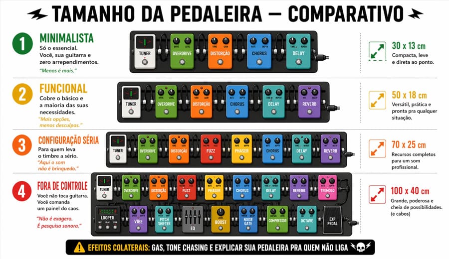 Comparativo de como montar uma pedaleira com diferentes tamanhos e combinações de pedais para guitarristas iniciantes e avançados